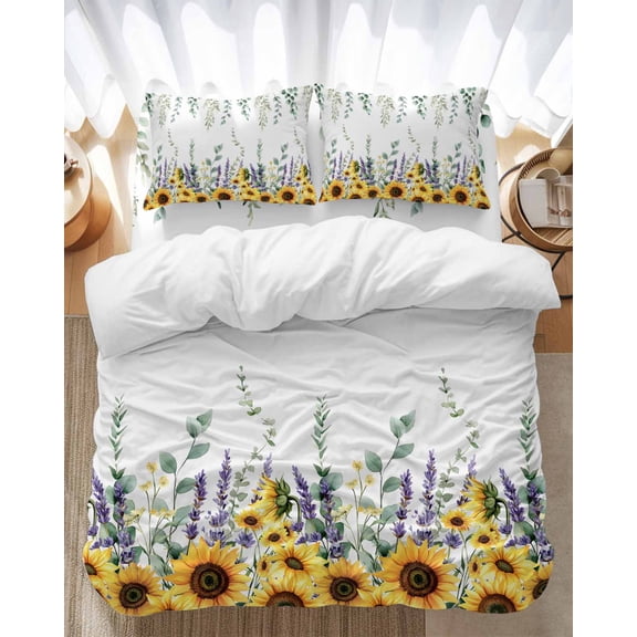 Sunflower Lavender Bedding Duvet Cover Set Twin Size 4 Pieces Eucalyptus Leaf Countryside Bedding Set with Zipper Closure, 1 Comforter Cover 68x86 Inches 1 Flat Sheet & 2 Pillow Cases