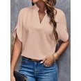 thumbnail image 3 of Solid Color Notch Neck Blouse, Casual Short Split Sleeve Blouse For Spring & Summer, Women's Clothing, 3 of 4