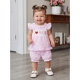 thumbnail image 4 of BemeyourBBs Toddler Baby Girl Summer Clothes Little Baby Girl Mothers Day Fathers Day Outfit I Love Mom Dad Letter Embroidery Flying Sleeve Striped Shirt Tops with Shorts Set Baby Girl Summer Outfit, 4 of 9