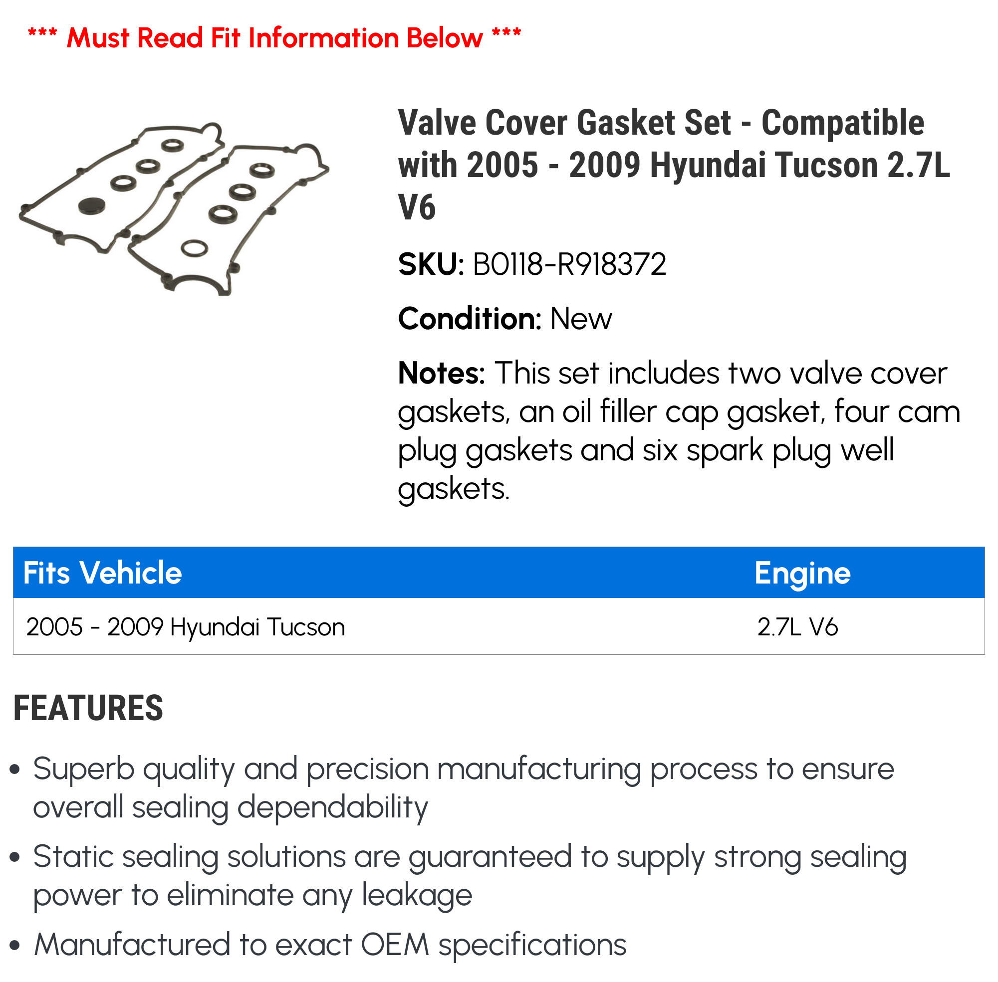 Valve Cover Gasket Set Compatible with 2005 2009 Hyundai Tucson 2.7L V6  2006 2007 2008