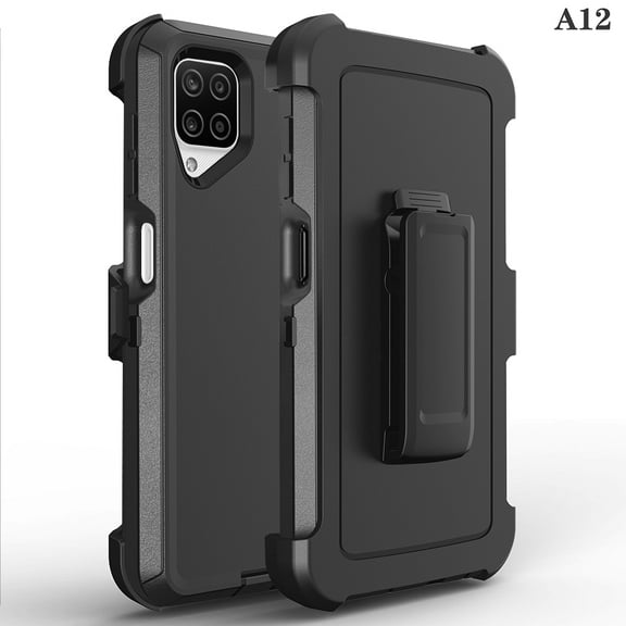 For Samsung Galaxy A12 / SM-A125 Heavy Duty Shockproof Armor Protective Hybrid Case Cover With Clip Black/Black