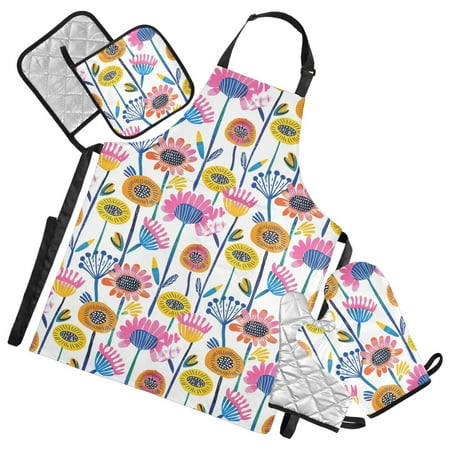 Hand Drawn Dandelions Flowers 5 Pcs Kitchen Set Heat Resistant Oven Mitts and Non-Slip Pot Holders with Adjustable Cooking Apron
