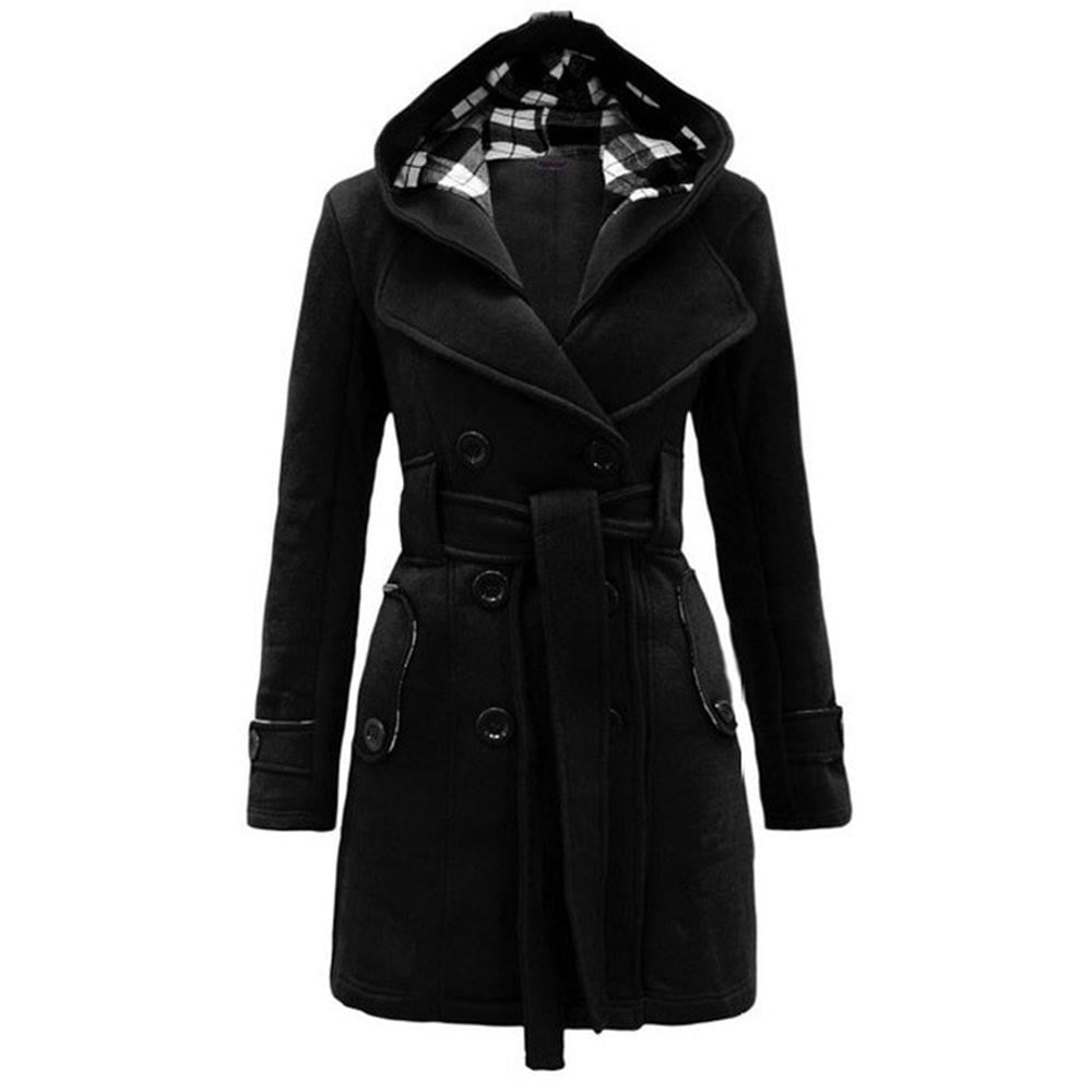 Women's Hoodie Pea Coat Double Breasted Winter Felt Long Jacket with ...