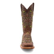 Women's Ferrini Blossom Leather Boots Handcrafted Square Toe Brown