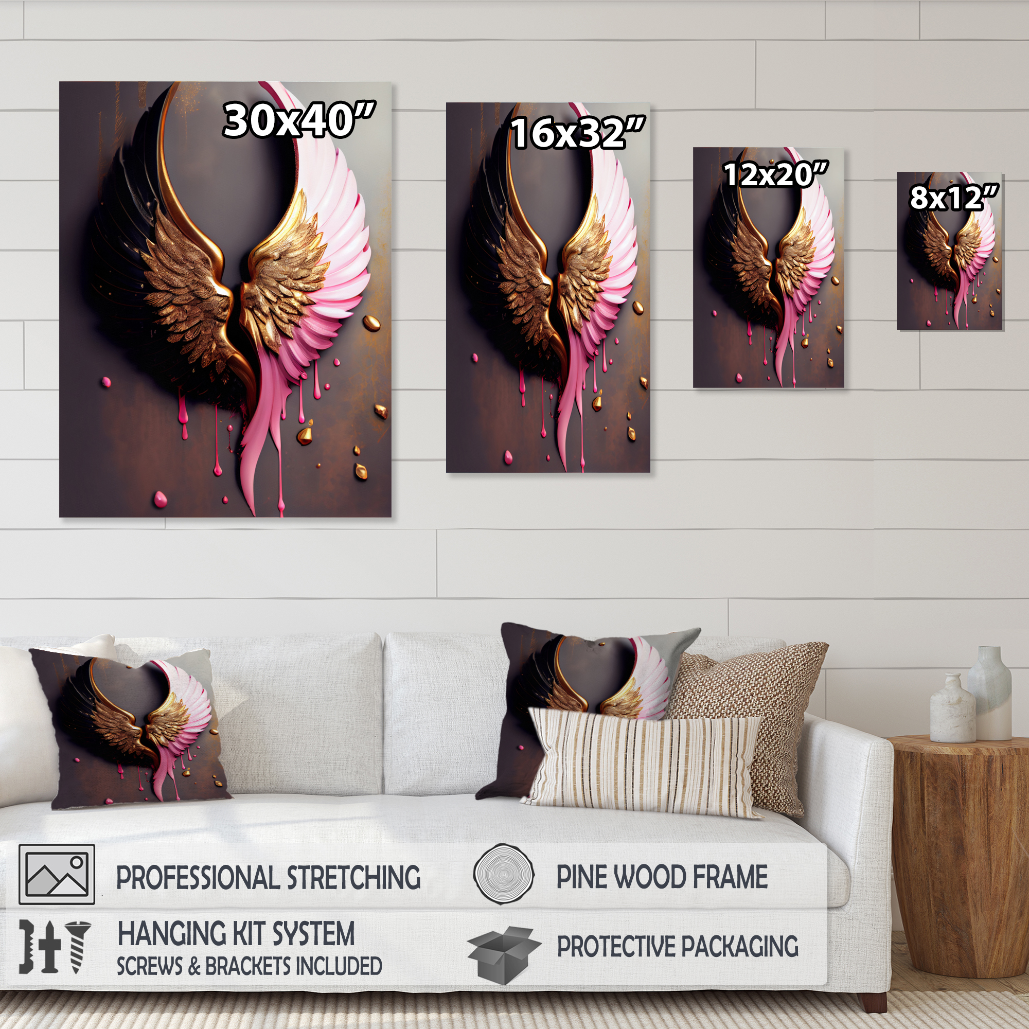 Designart Pink,Gold And Black Angel Wings II Canvas Wall Art