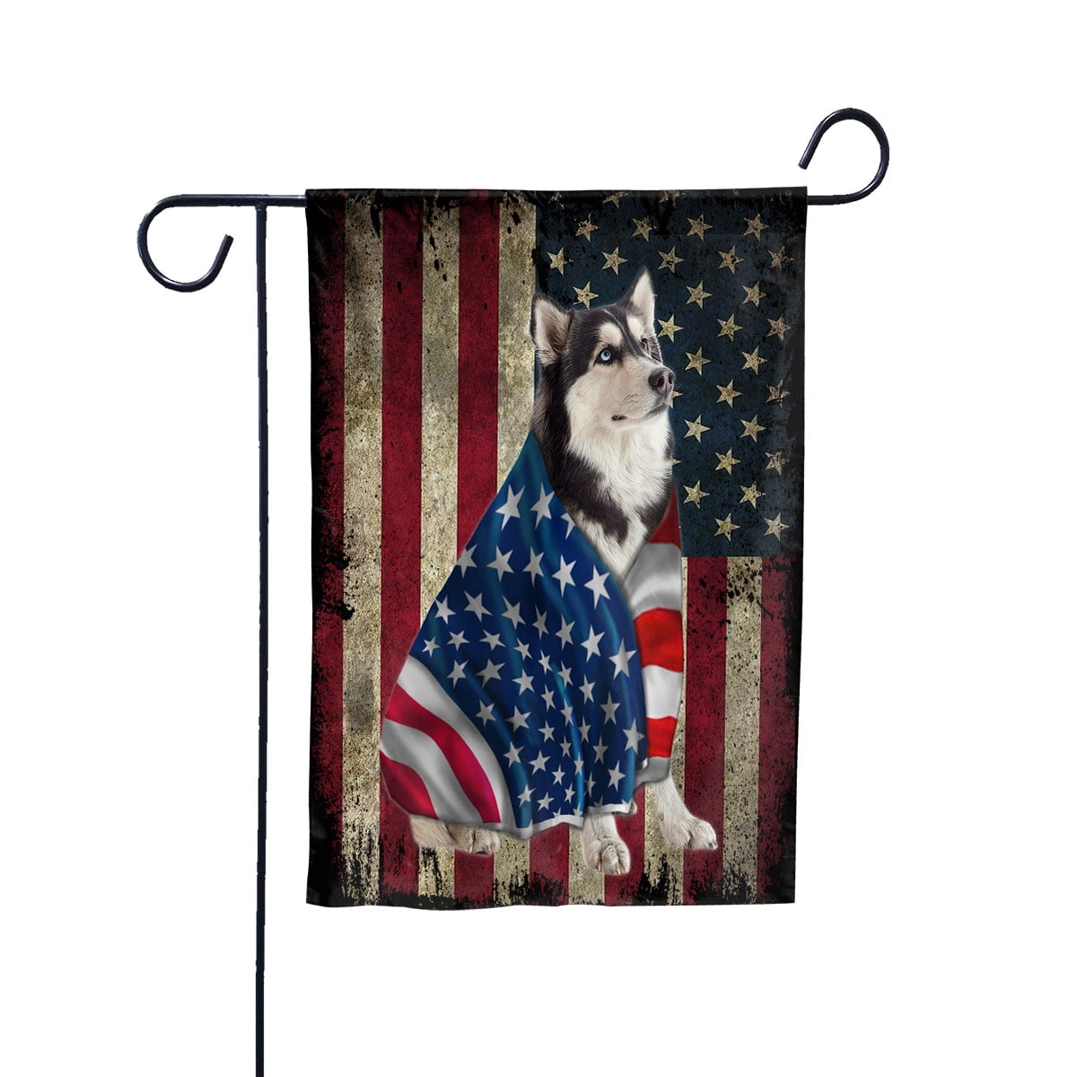 American Flag with Husky Dog stand under the cross Patriot Patriotic 4th of july Garden Flag, Double-Sided Decorative Outdoor Flag, Polyester Yard Flag 12 x 18 in