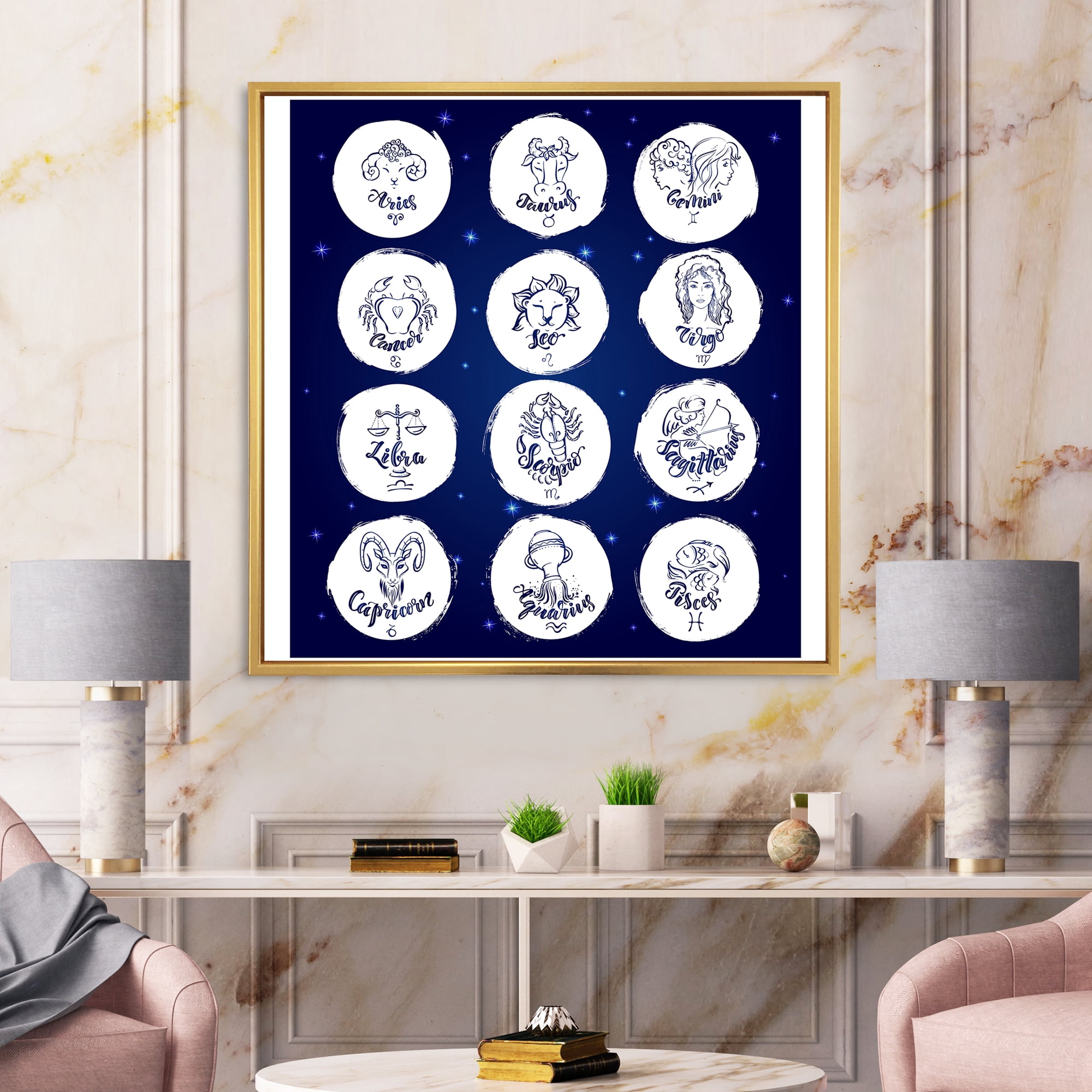 Designart 'Zodiac Diagram & Signs On Blue' Modern Framed Canvas Wall Art Print
