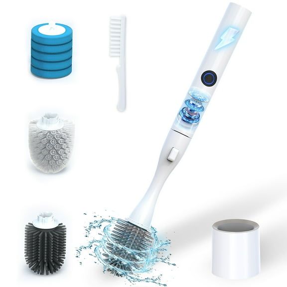 Xecessory Electric Toilet Brush and Holder Set, 8 in 1 Electric Toilet Bowl Cleaning Kit with Replaceable Brushes, Hard Nylon Brush and Soft Silicone Brush