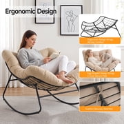 Dovov Oversized Papasan Rocking Chair, Indoor Outdoor Rocking Chair Patio Egg Chair with Cushion, Heavy Duty Steel Papasan Rocker Lounge Chair for Porch Balcony Nursery Living Room, Beige