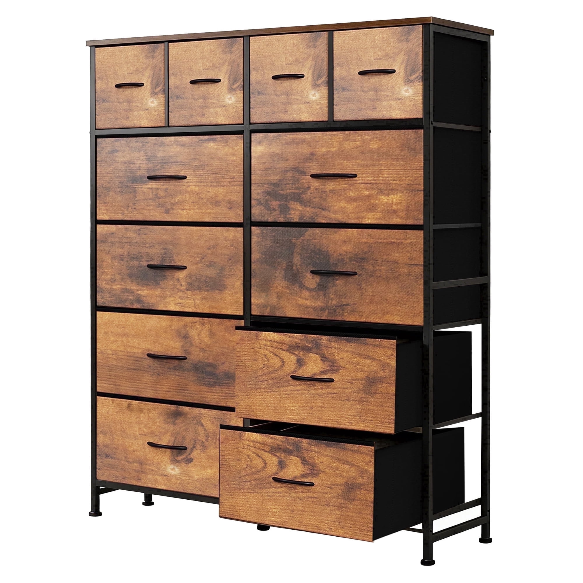 edx Tall Dresser with 12 Drawers, Steel Frame and Wood Top, Storage Organizer for Living Room, Hallway, Office, Rustic Brown