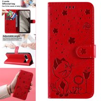 Feishell Cute Cat Embossed Pattern Leather Wallet Phone Case for Google Pixel 7a (6.1 inch),Magnetic Buckle Shockproof Flip Holder ID Credit Card Slots Cash Pocket Slim Phone Case,Red