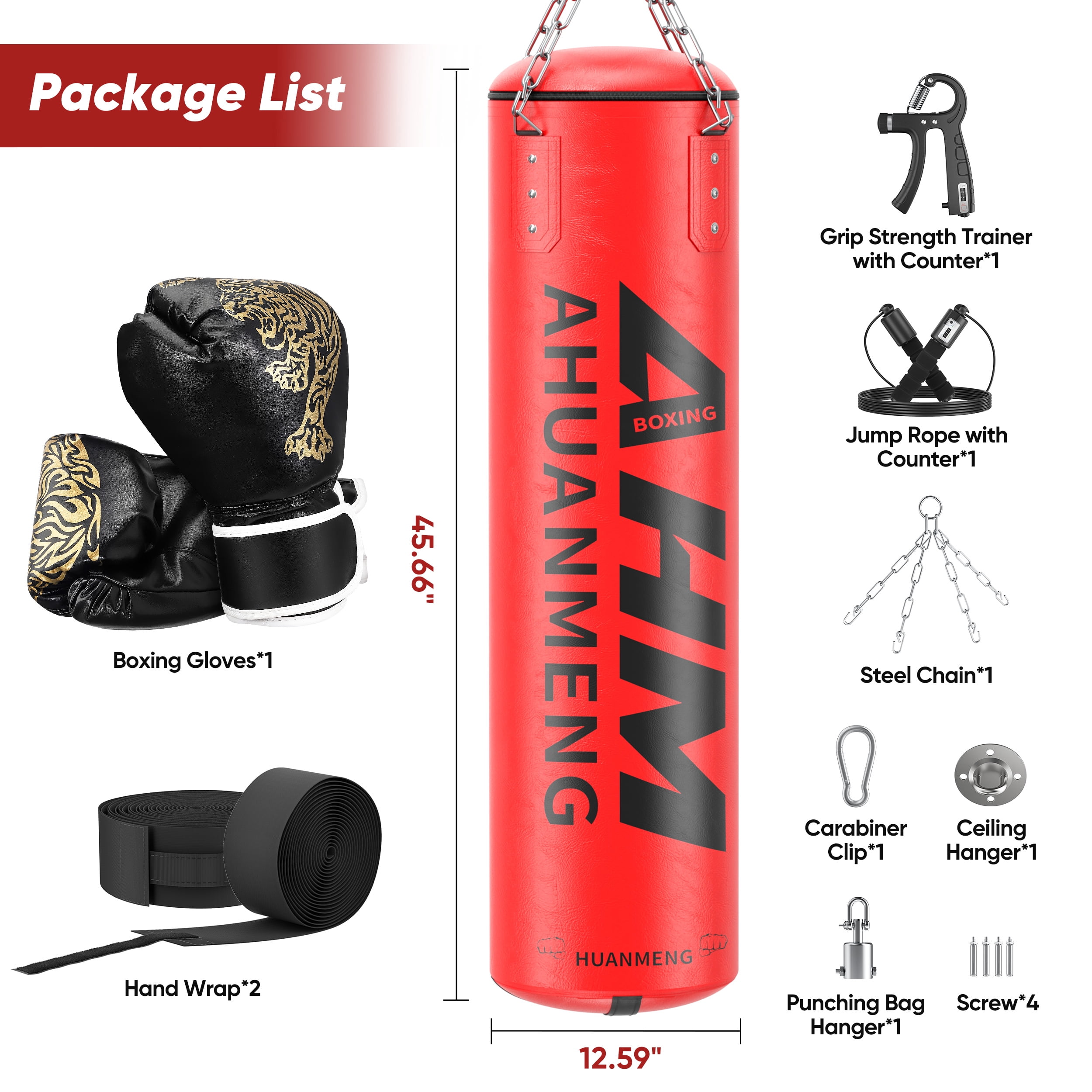 Doulami Punching Bag for Adults 4FT PU Heavy Boxing Bag Set Hanging Boxing Kit w/ Gloves, Red