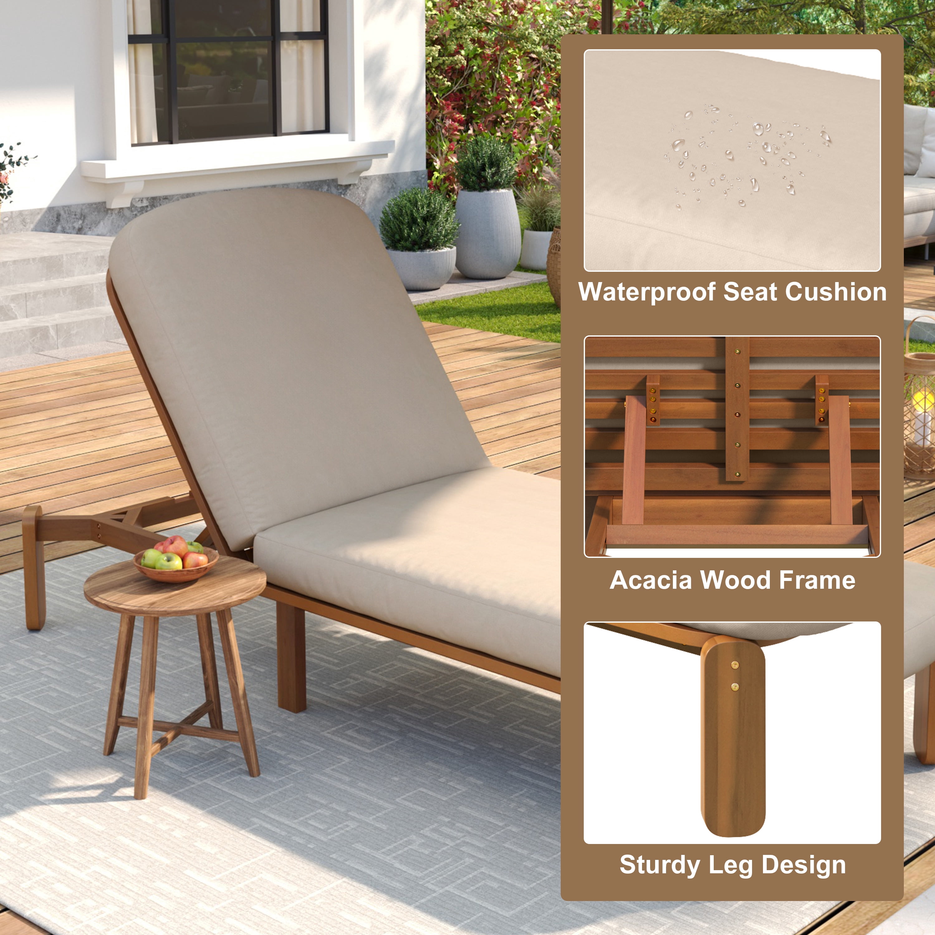 Adjustable Backrest Chaise Lounge, Outdoor Patio Recliner for Poolside, Brown