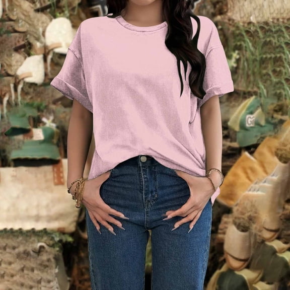 Endives Women's Short Sleeve T-shirt Round Neck Solid Color Womens Tops Summer Tee