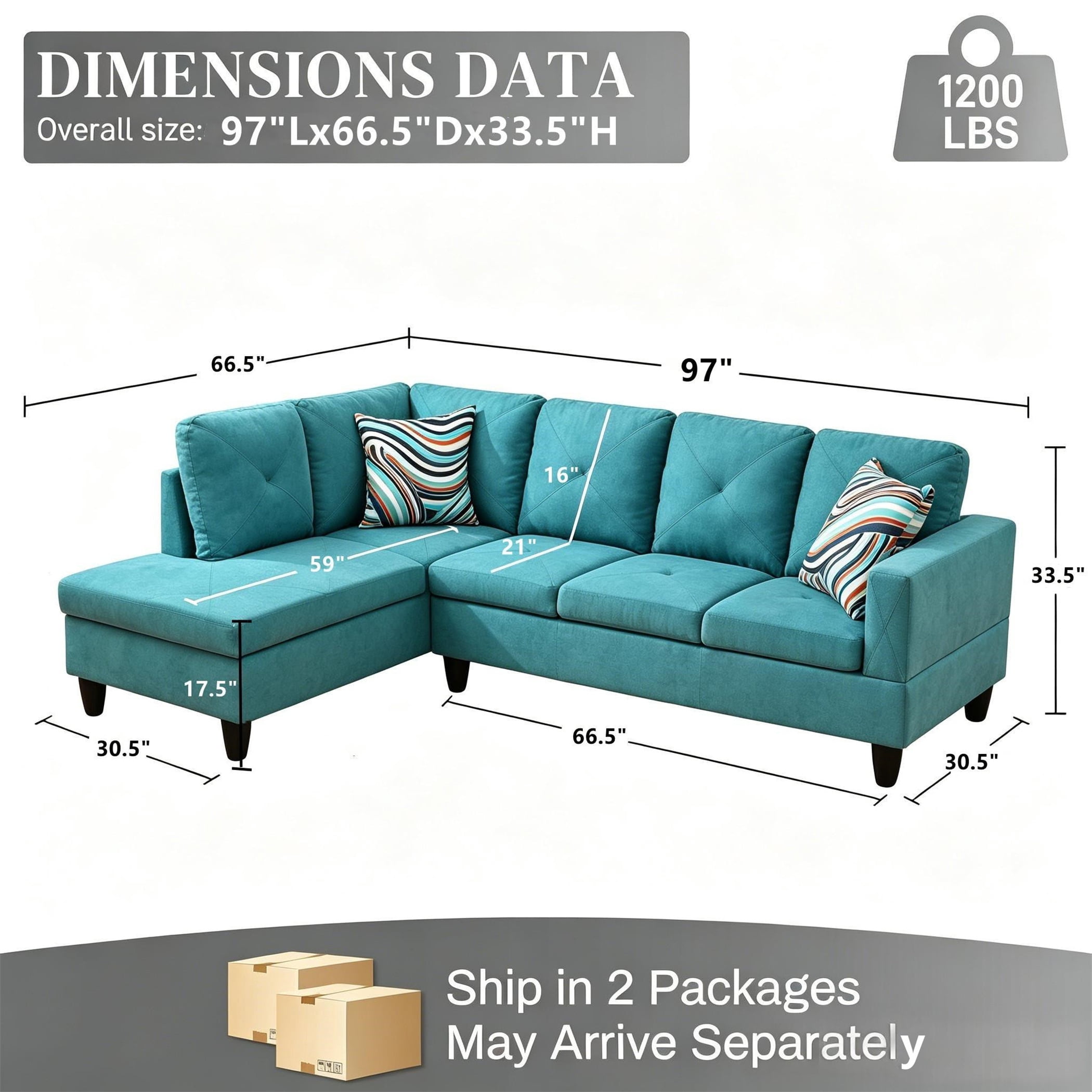 Aukfa 97" Classic Sectional Sofa 4 Seat L shape Couch for Living Room, 2Pillows, Oversized Left Chaise, Linen, Aqua Blue