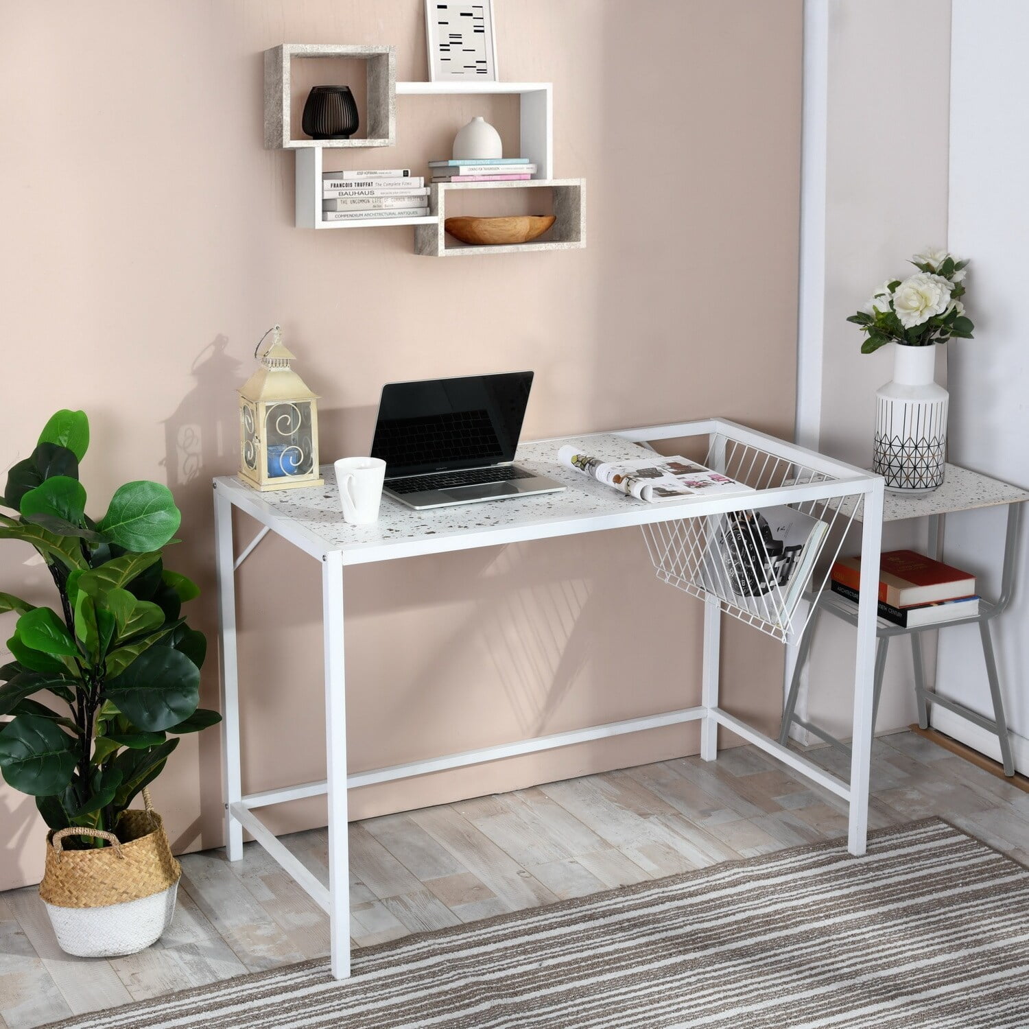 Homy Casa Faux Marble Writing Desk with Storage Basket