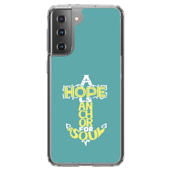 DistinctInk Clear Shockproof Hybrid Case for Galaxy S21  PLUS 5G (6.7" Screen) - TPU Bumper, Acrylic Back, Tempered Glass Screen Protector - Hope is an Anchor for a Sould - Yellow Teal