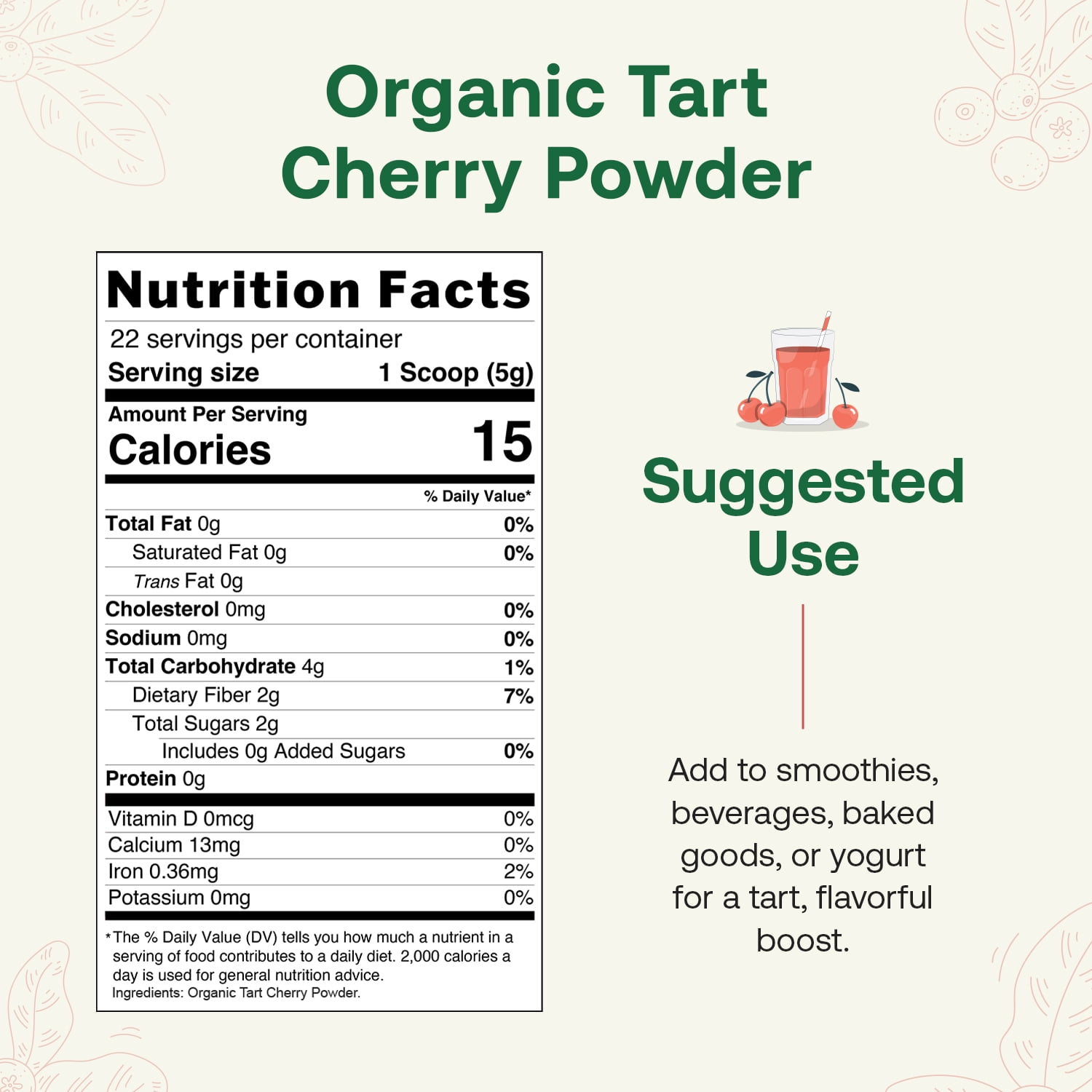 Quay Naturals Organic Tart Cherry Powder, 4oz | Made from US-Sourced Cherries | USDA Organic, Non-GMO, Freeze-Dried, No Additives | Great for Smoothies & Baking