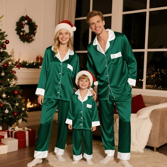 Inglocry Family Matching Pajamas Set Silk Satin Button Down Holiday Matching Pajamas Sets Long Sleeve Comfy Loungewear Men Green M