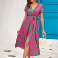 thumbnail image 4 of IROINNID Rollbacks Wedding Guest Dresses for Women Semi Formal Evening Night Casual Homecoming Dress Summer V-Neck Print Short Sleeve Party Club Long Dress Elegant Wrap Dress,Pink, 4 of 6