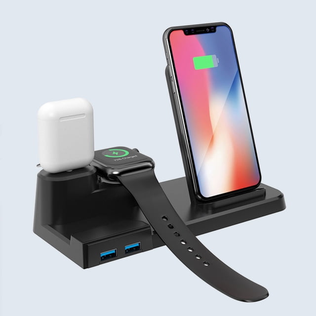 COFEST Multi-function Dual Usb Wireless Fast Charging Bracket Suitable for Wireless Charging Bluetooth Headset Smart Watch Mobile Phone Three-in-one Wireless Charger Black