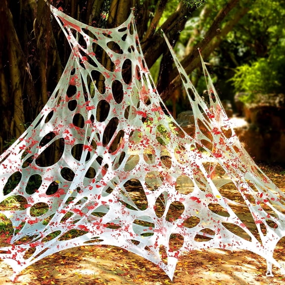 1000 Sqft (Streched with Holes) Blood Handprint Giant Spider Web Halloween Decorations Outdoor with 10 Ground Nails Stretchy Beef Cloth Netting