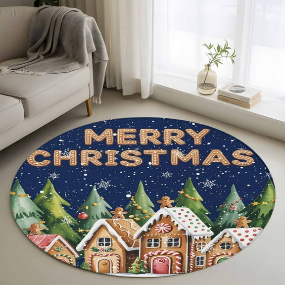 Christmas Tree Round Area Rug 3 FT, Small Kitchen Bathroom Mat, Winter Snowflake Xmas Gingerbread Washable Indoor Outdoor Throw Runner Carpet Non-Shedding Doormat for Table Shower Sofa Entryway