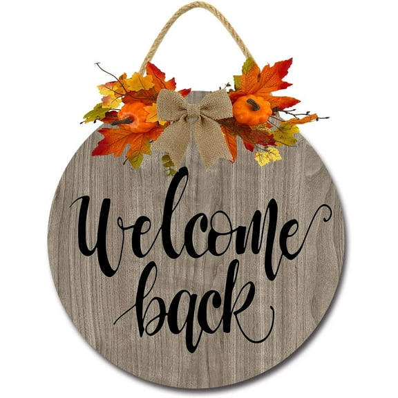 Eveokoki 12" Welcome Back 01 Front Door Sign Funny Wreaths Hanging Wooden Plaque Decoration Round Rustic Wood Farmhouse Porch Decor for Home Front Door Decor