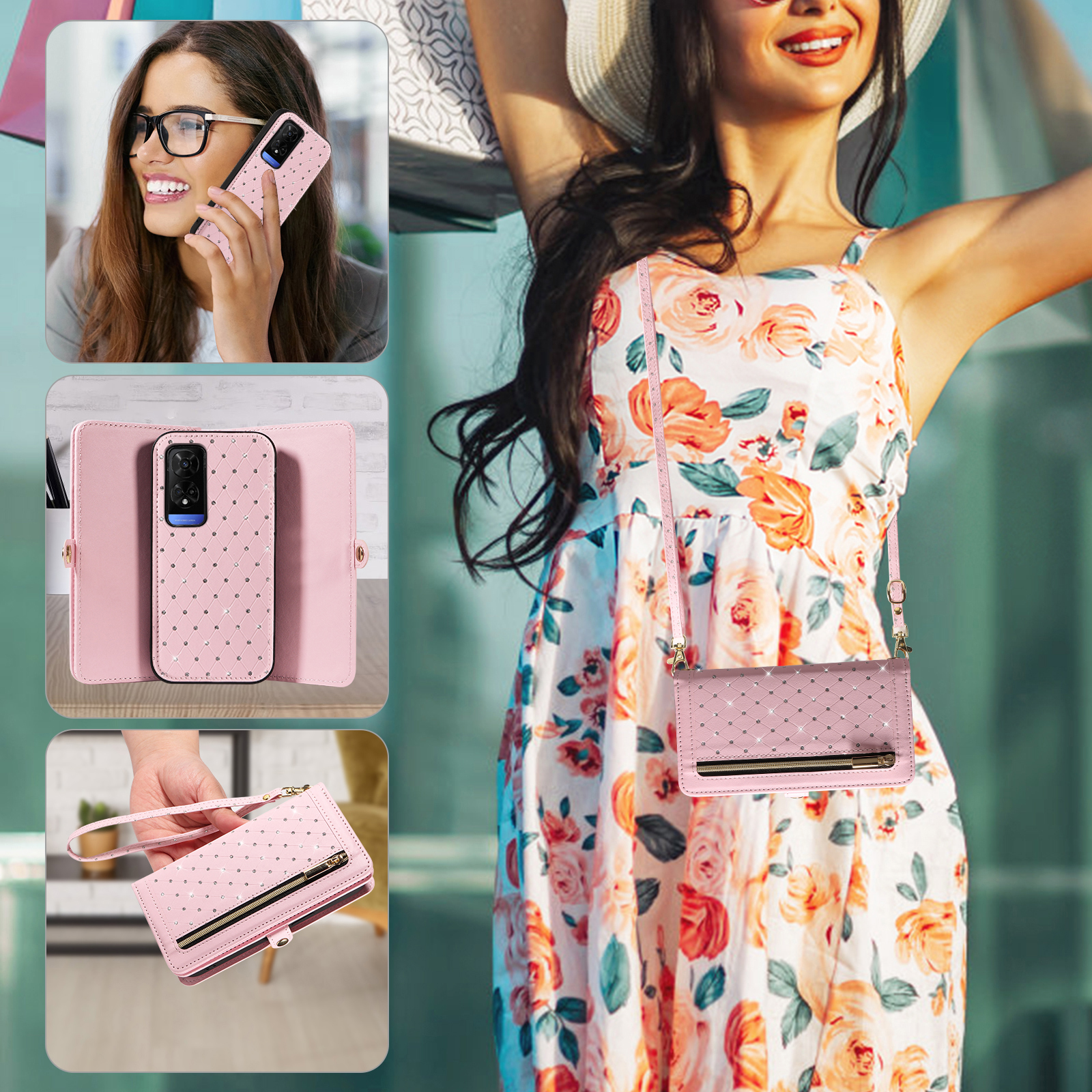 Asuwish Phone Case for TCL 50 5G/50 XE NXTPAPER/50 XE 5G Zipper Wallet Detachable Cell Cover with Tempered Glass Screen Protector Crossbody Lanyard Strap Glitter Flip Card Holder Slot Women Pink