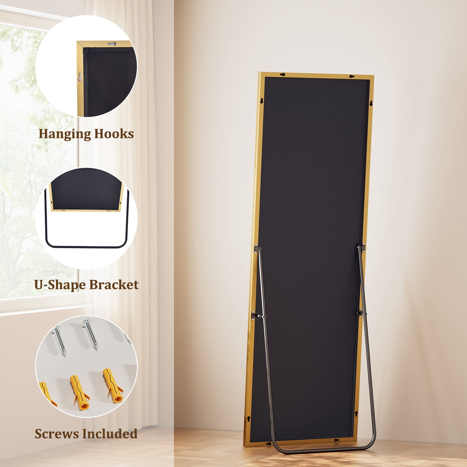 Easy4Home 64"x21" Rectangular Full Length Mirror Freestading Full Body Floor Mirror, Gold