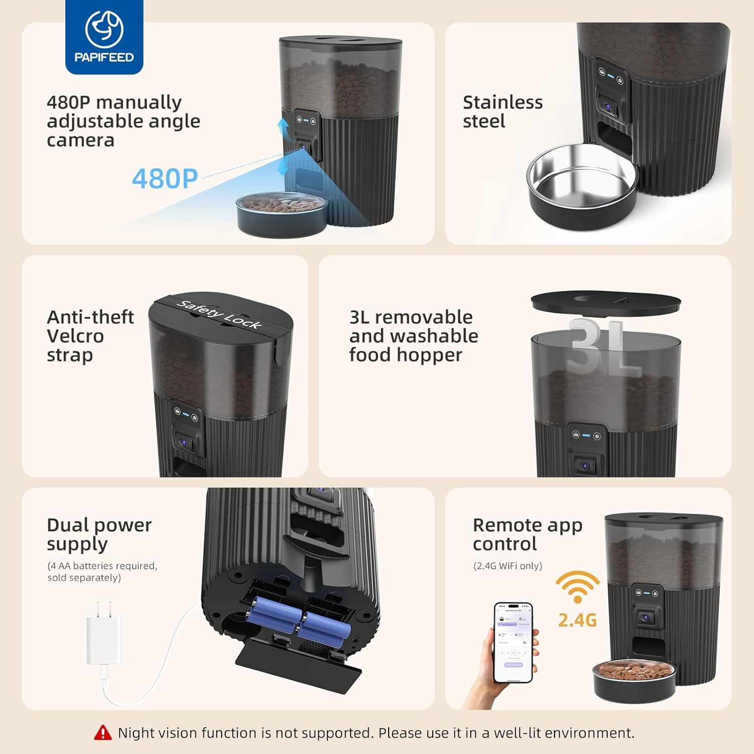 Automatic Cat Feeder with Camera, Adjustable Angle 2.4G WiFi Pet Feeder, 3.5L Timed Dispenser for Remote Feeding