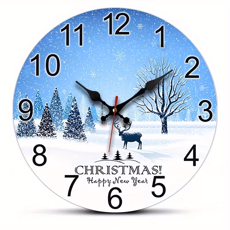 Yoofine Christmas Winter Deer Snow Round Wall Clock, Silent MDF 10 Inch