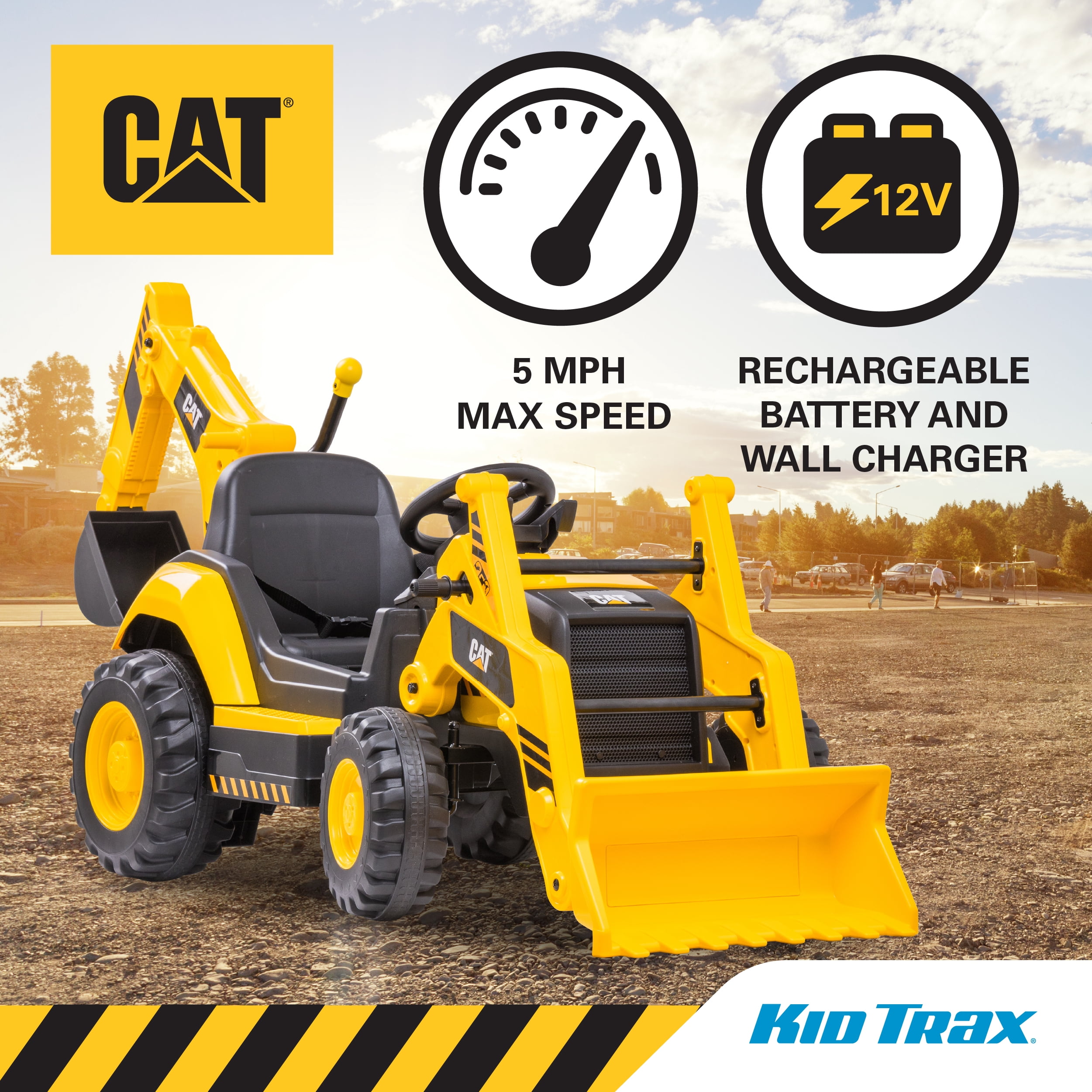 Kid Trax 12V CAT Backhoe Loader Ride-On Excavator with Working Loaders, MP3, Real Sounds, Ages 3–6