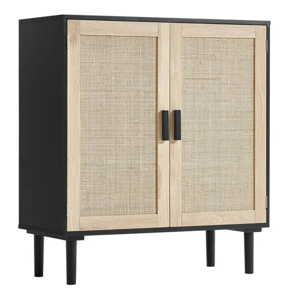 Black rattan storage cabinet with magnetic doors and adjustable shelves – a stylish side cabinet suitable for hallways, entryways, living rooms, or kitchens.