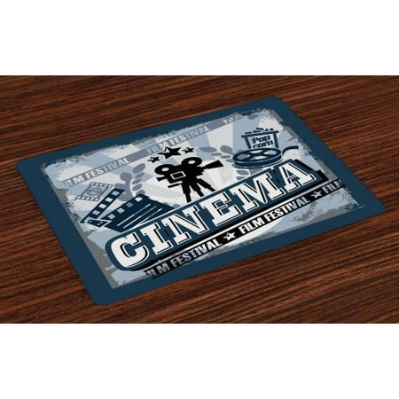 Old Fashioned Dining Room Movie Theater Placemats Set of 4 Vintage Cinema Poster Design with Grunge Effect and Old Fashioned Icons, Washable Fabric Place Mats for Dining Room Kitchen Table Decor,Blue Black Grey, by Ambesonne ()