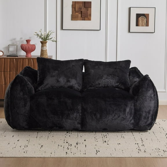Giant Bean Bag Couch for Adults, Ultra Soft Fluffy Loveseat Bean Bag Sofa, Oversized Chase Lounge Chair Indoor for Living Room Bedroom, No Assembly Required Cozy Reading Chair with Pillows, Black