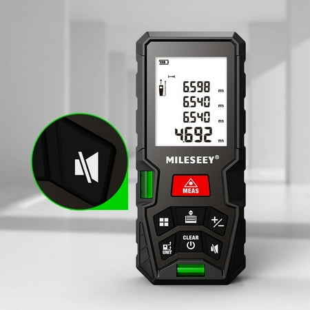 

Laser Measure MiLESEEY Laser Measurement Tool with 2 Bubble Levels ±1/16inch Accuracy M/in/Ft Unit Switching Backlit LCD and Pythagorean Mode Measure Distance Area and Volume