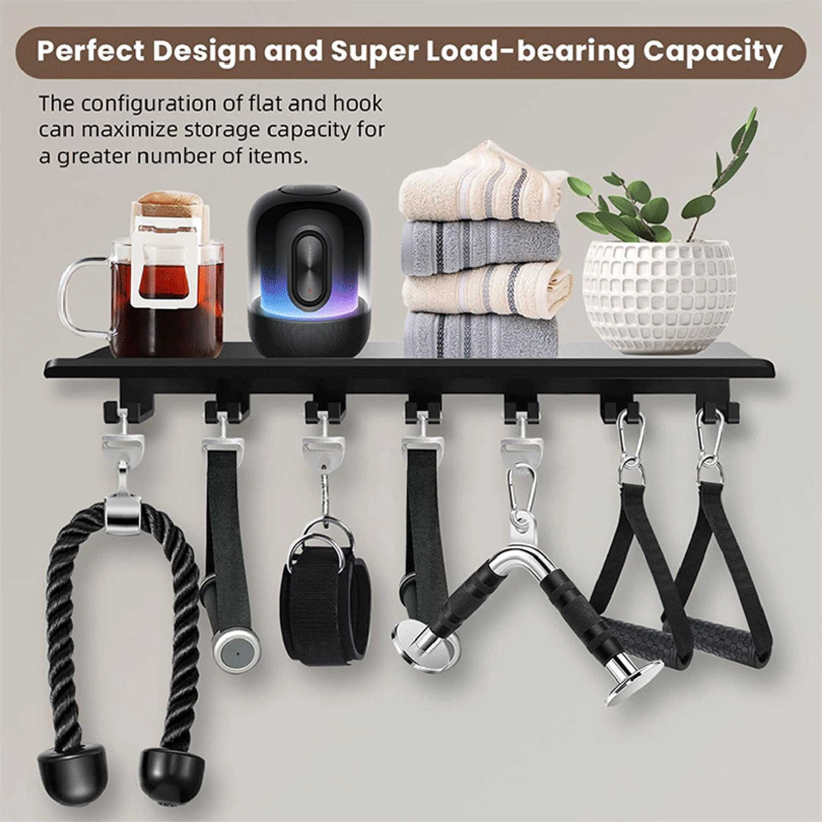 Floating Shelf with Hooks, Water Bottle Storage Organizer, 24 In, 8 Hooks, 1 Pc, Black, Home Gym Storage, Gym Equipment Storage, Wall Mounted Storage, Garage Hooks Heavy Duty, at