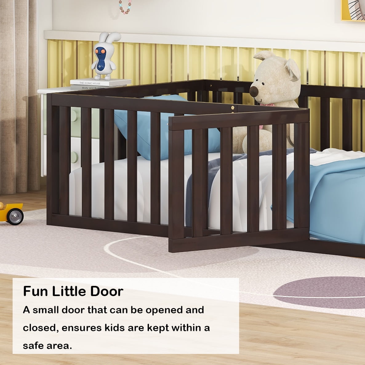 Bellemave Twin Size Floor Bed with Fence and Door, Wood Montessori Bed Frame, Floor Bed Frame, Slats Not Included (Twin,Walnut)