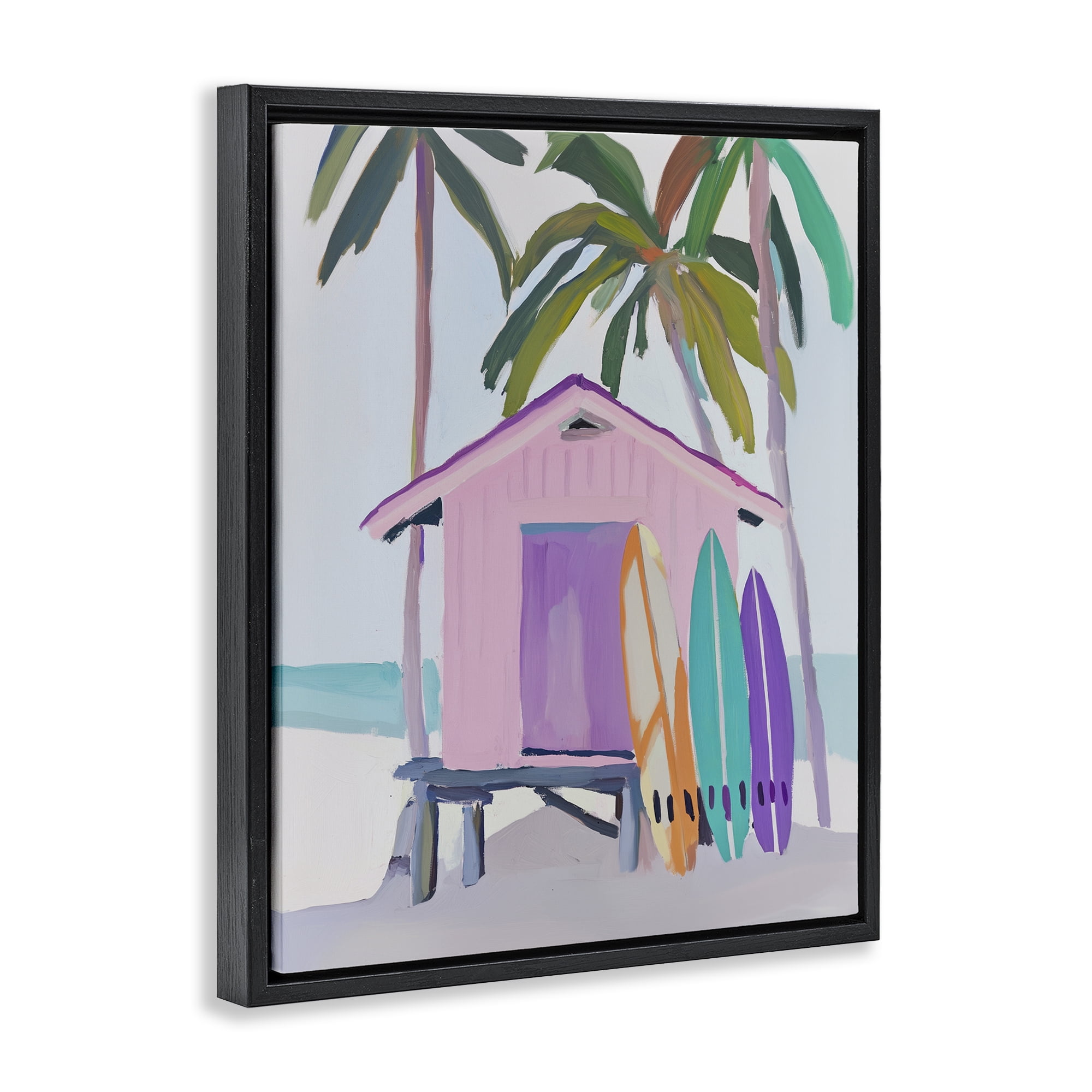 Stupell Industries Pink Beach Hut with Surfboards Black Framed Floater Canvas Wall Art, design by Sisi and Seb