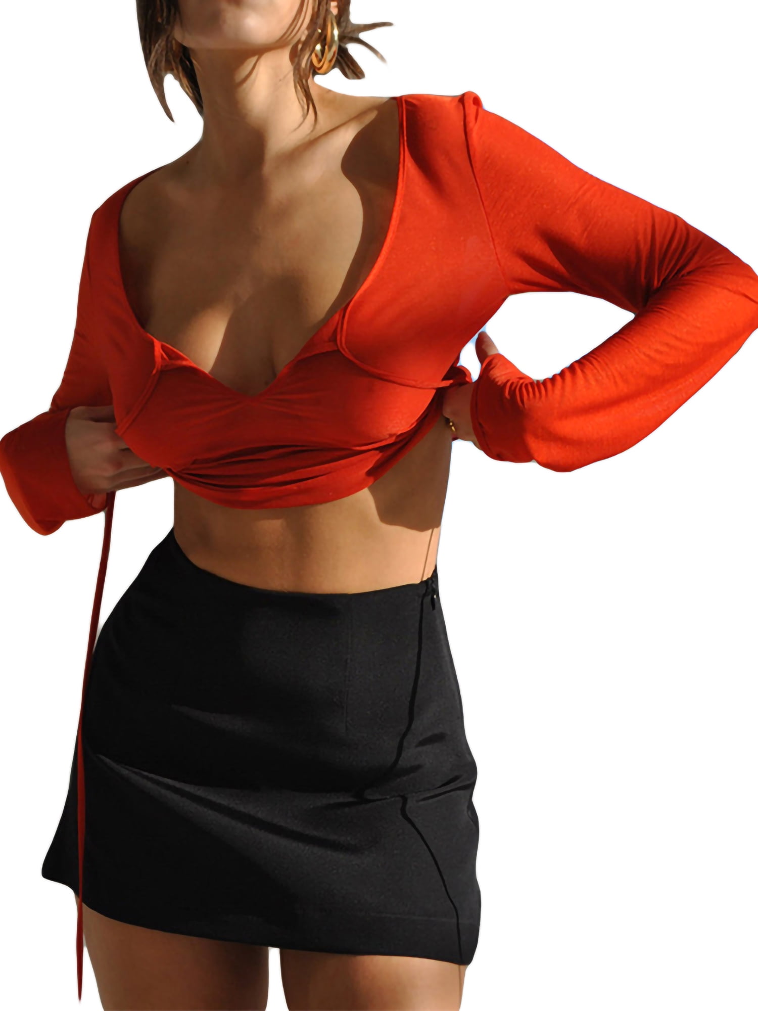 Liacowi Mesh Sheer Tie Up Crop Tops Women Long Sleeve Low Cut Tops and  Blouse Summer See Through Beach Sexy Casual Shirts
