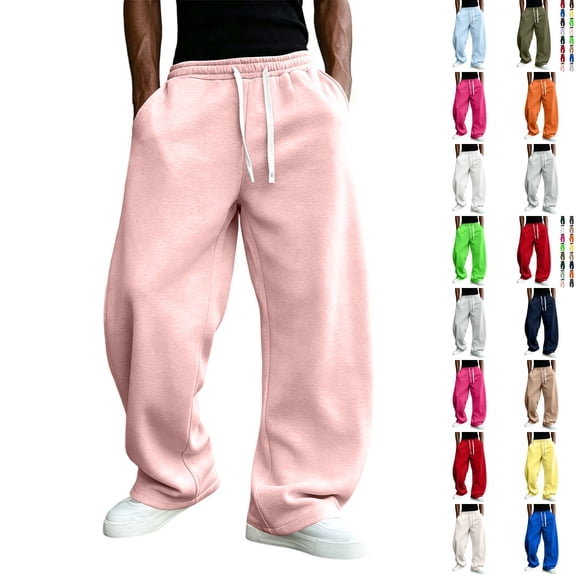 Dwellite Baggy Sweatpants Men Wide Leg Drawstring Oversized Casual Athletic Y2k Lounge Sweat Jogger Pants with Pockets Pink M