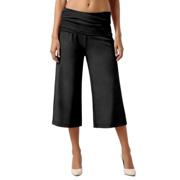 NAFUU Women Casual Pants Pleated Waist Solid Color Yoga Capri Pants Wide Leg Trousers Trendy Hiking Pants Women