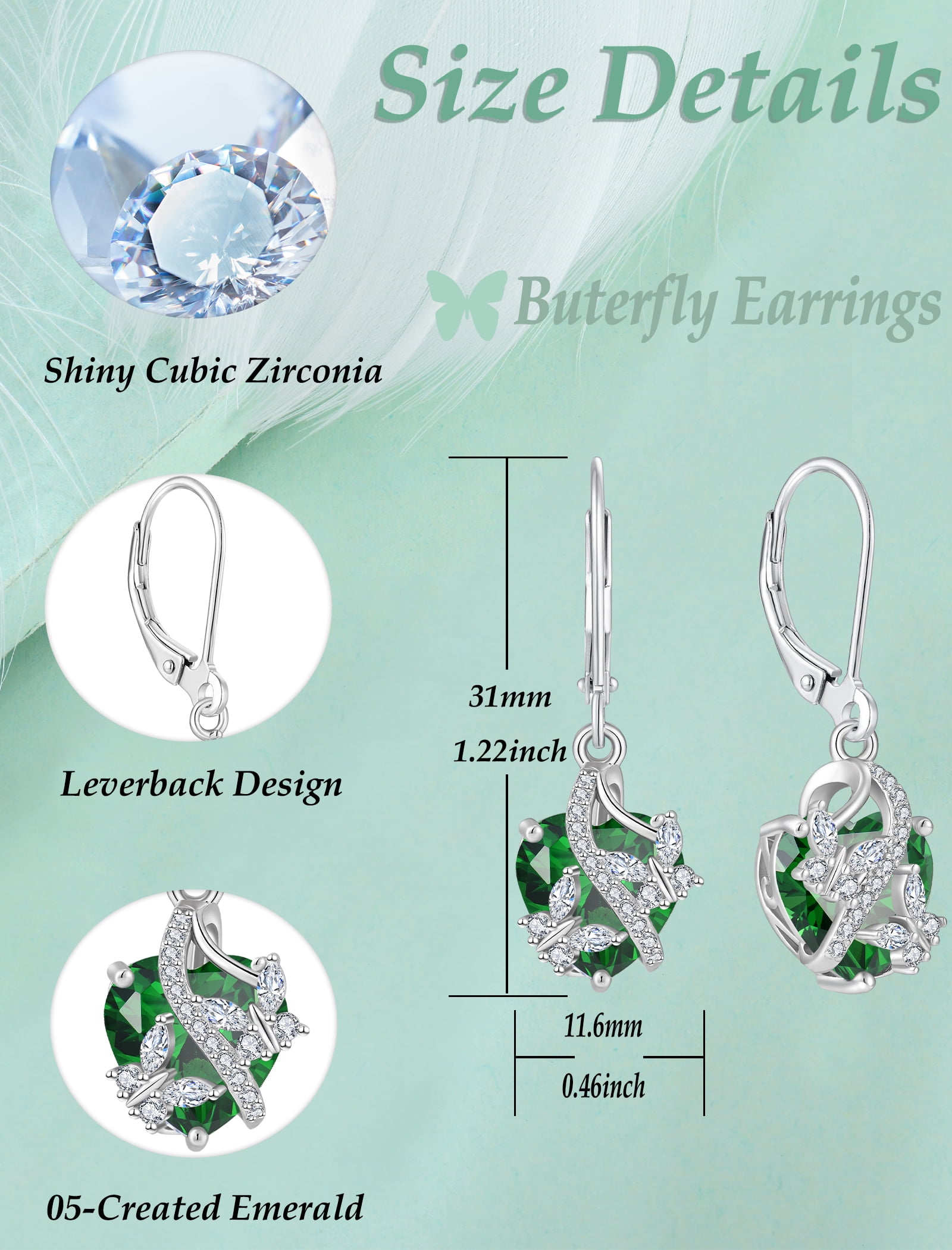 VESITIM 925 Sterling Silver Butterfly Dangle Earrings for Women May Birthstone Emerald Butterfly Earrings Jewelry Gift