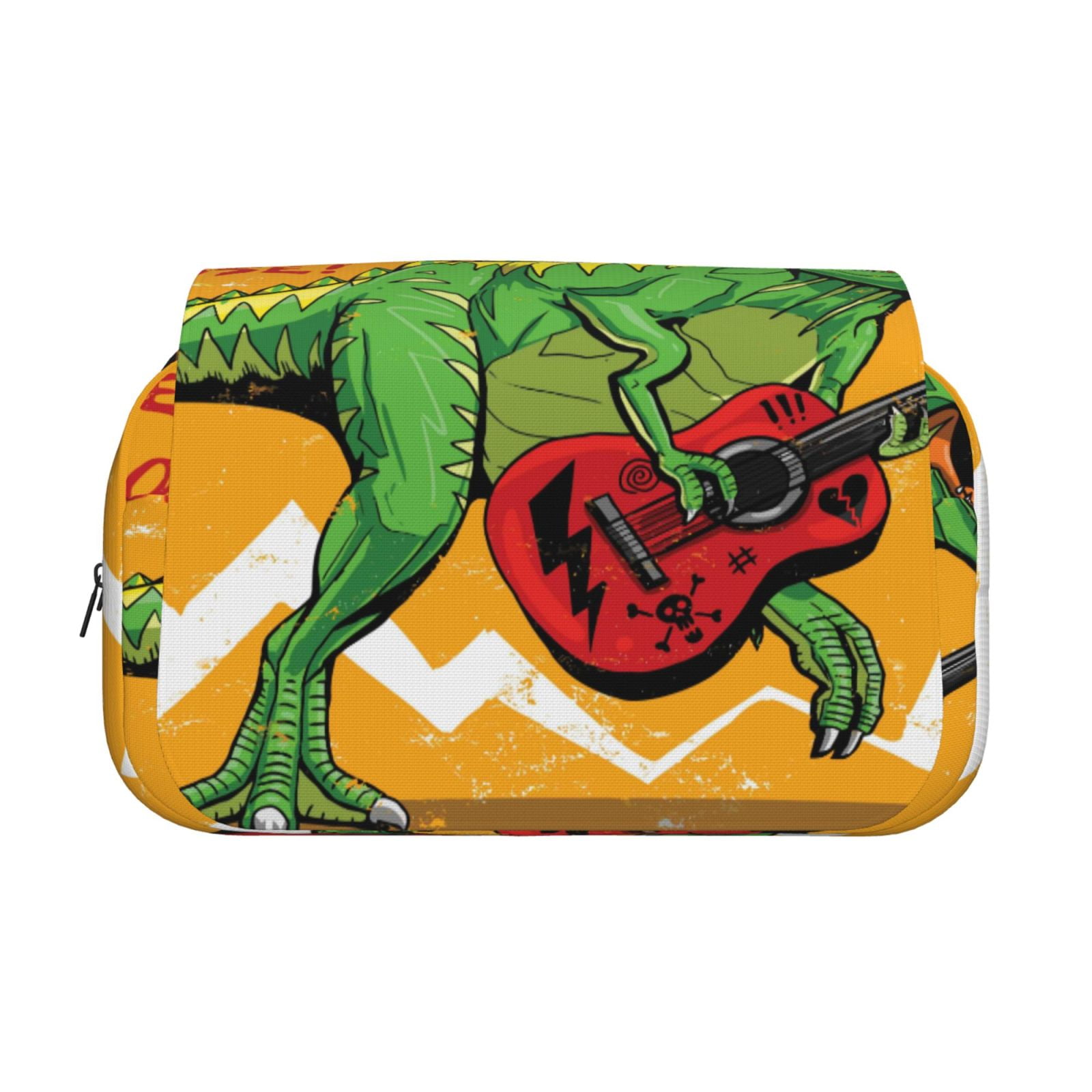 Rateoe Cool Dinosaur Playing Guitar Pattern Double Clamshell Pen Case, Storage Organizer with Two Zipper Compartments– Holds Up to 50 Pencils & Pens