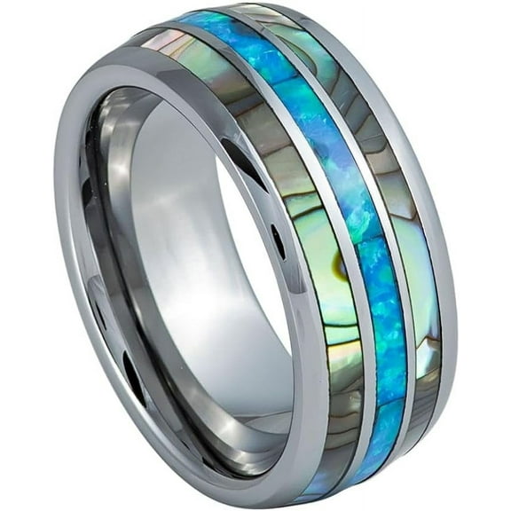 Ring for Men and Women Domed Ring with Opal & Mother of Pearl Inlay – 8mm Wedding Band Ring Ideal Rings for Couples