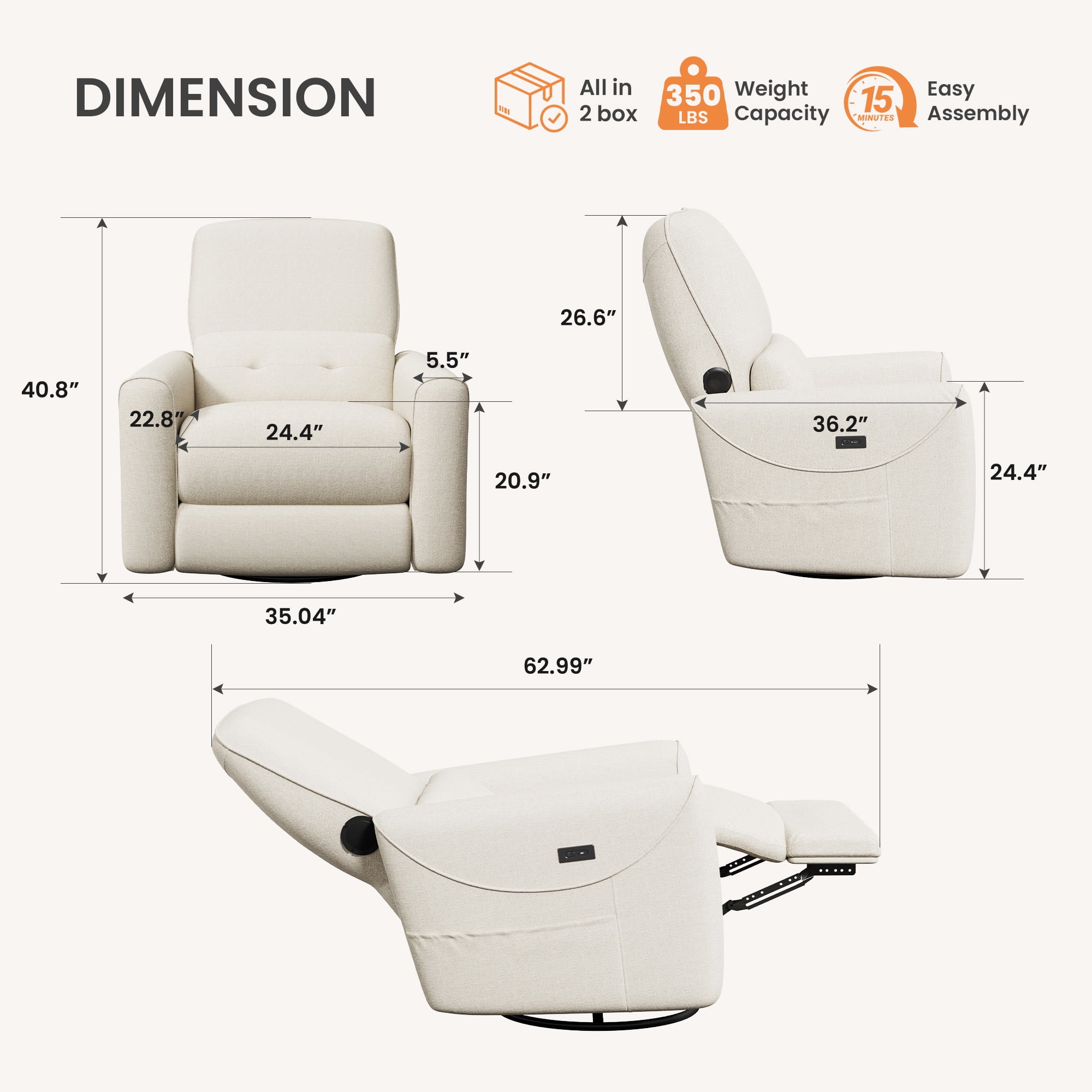 SERWALL Nursery Rocking Chair with 270° Swivel, Swiverl Glider Rocking Chair with USB-C Port & Speaker, Beige