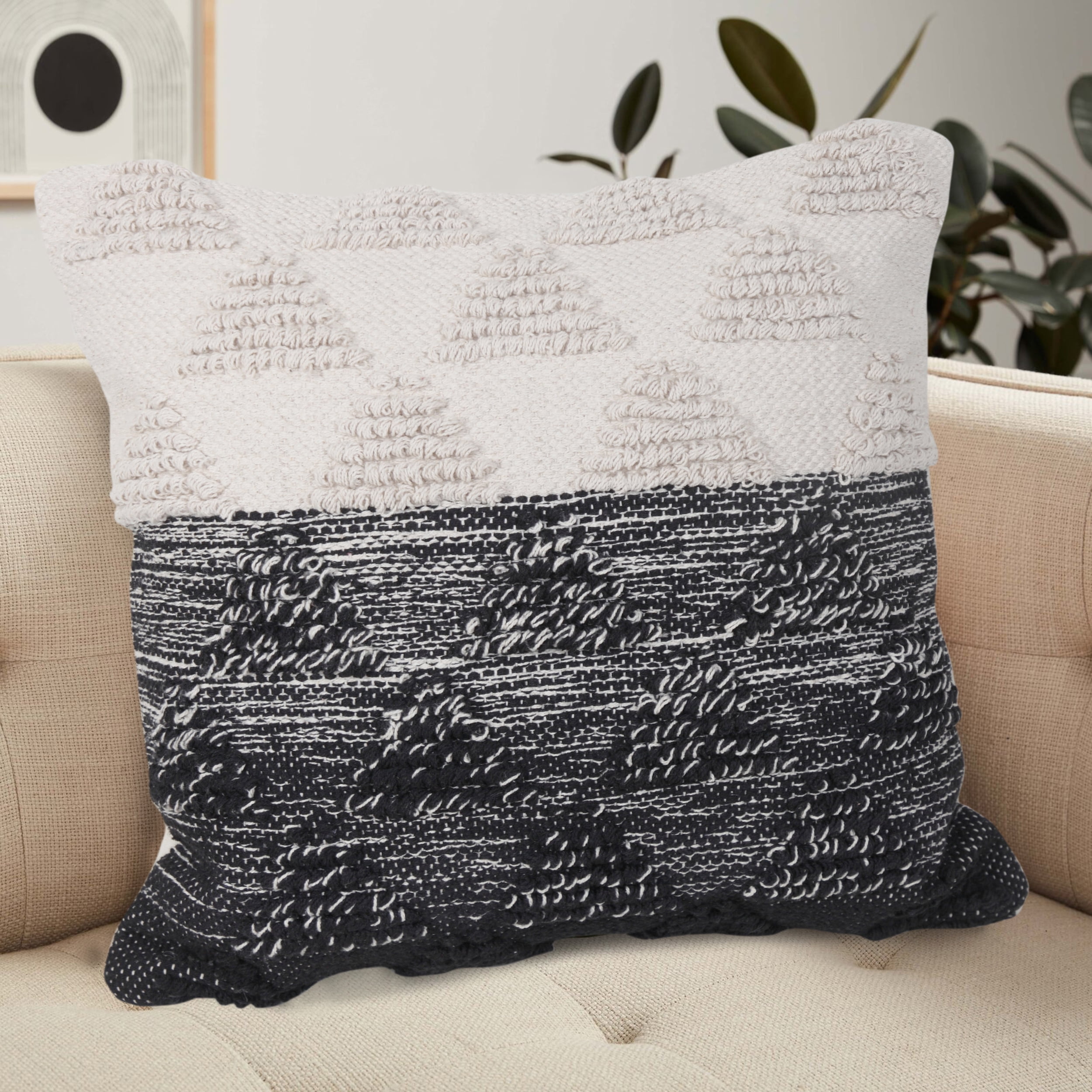 Ox Bay Miles 20" x 20" Black/Ivory Geometric Color Block Cotton Adult Decorative Throw Pillow