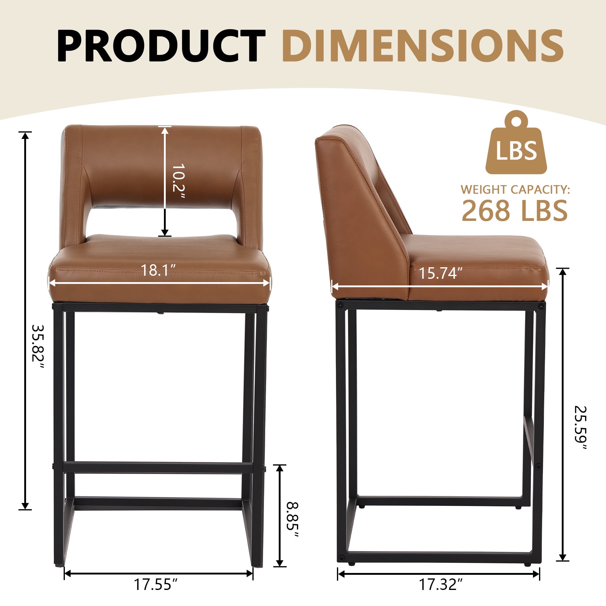 ClinQ Counter Height Bar Stools Set of 2, Hollow Back Kitchen Island Barstools, Upholstered Faux Leather Counter Stools with Metal Frame, Brown