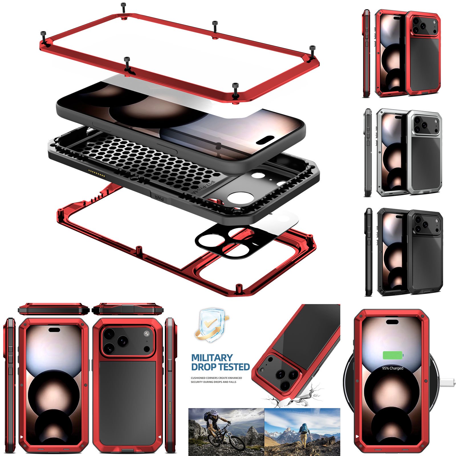 ELEHOLD for iPhone 17 Pro Max Rugged Heavy Duty Case, Outdoor 360° Full Body Protective Aluminum Metal Case Cover with Tempered Glass Screen Protector, Red